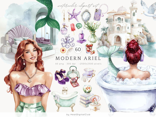 Modern Ariel - Mermaid Clip Art Set | 60 PNG