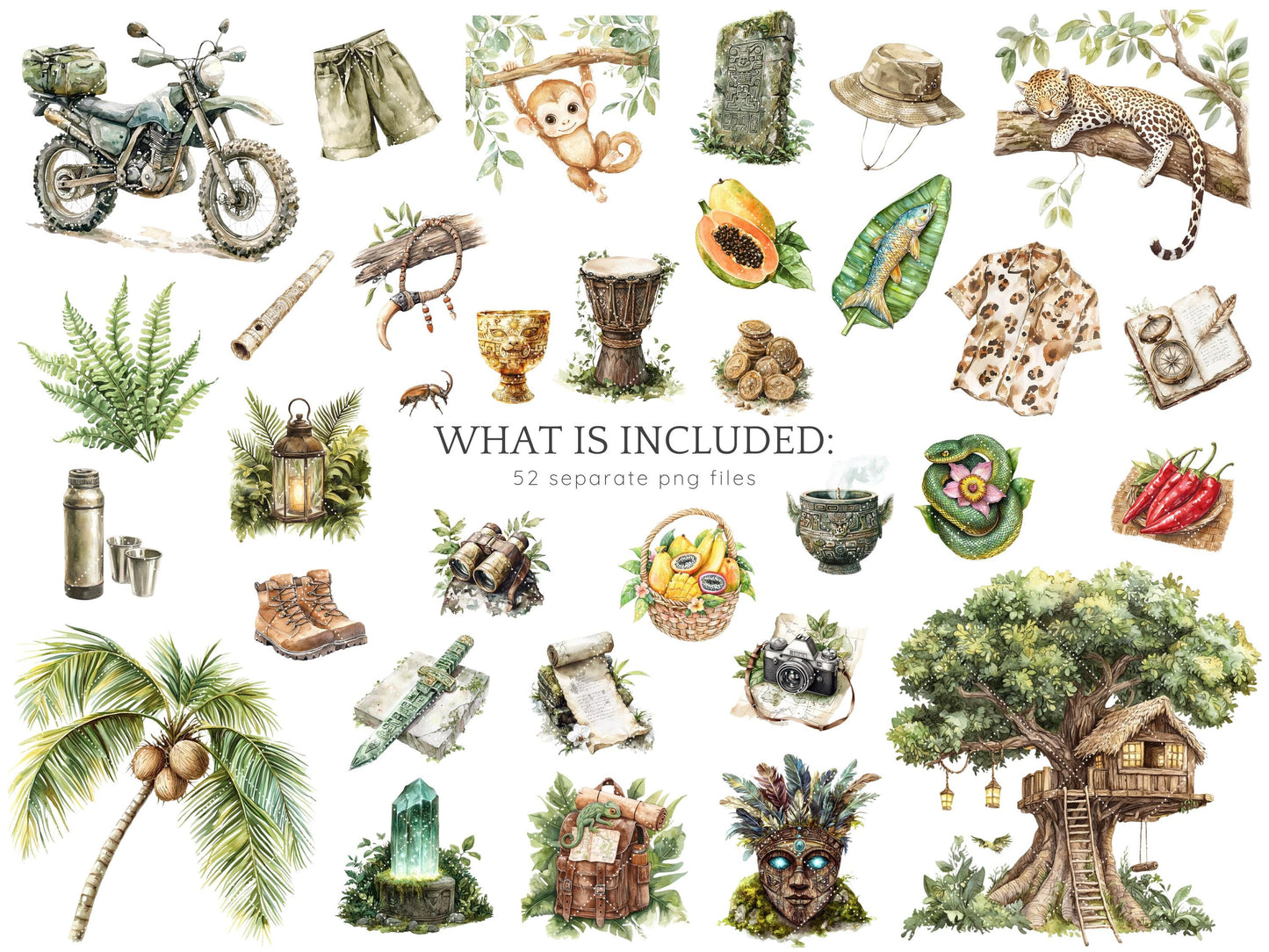 Jungle Mystery - Travel Clipart, Tropical, Summer Safari | 52 PNG