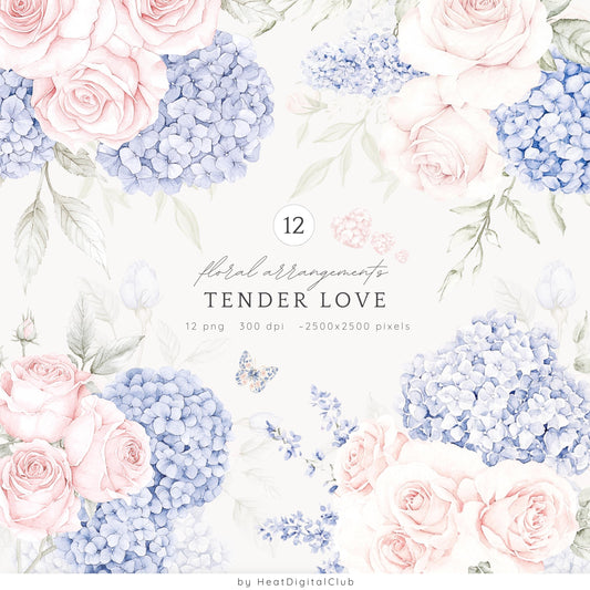 Tender Love - Valentines Day Floral Arrangements, Pink Roses, Grandmillennial | 12 PNG