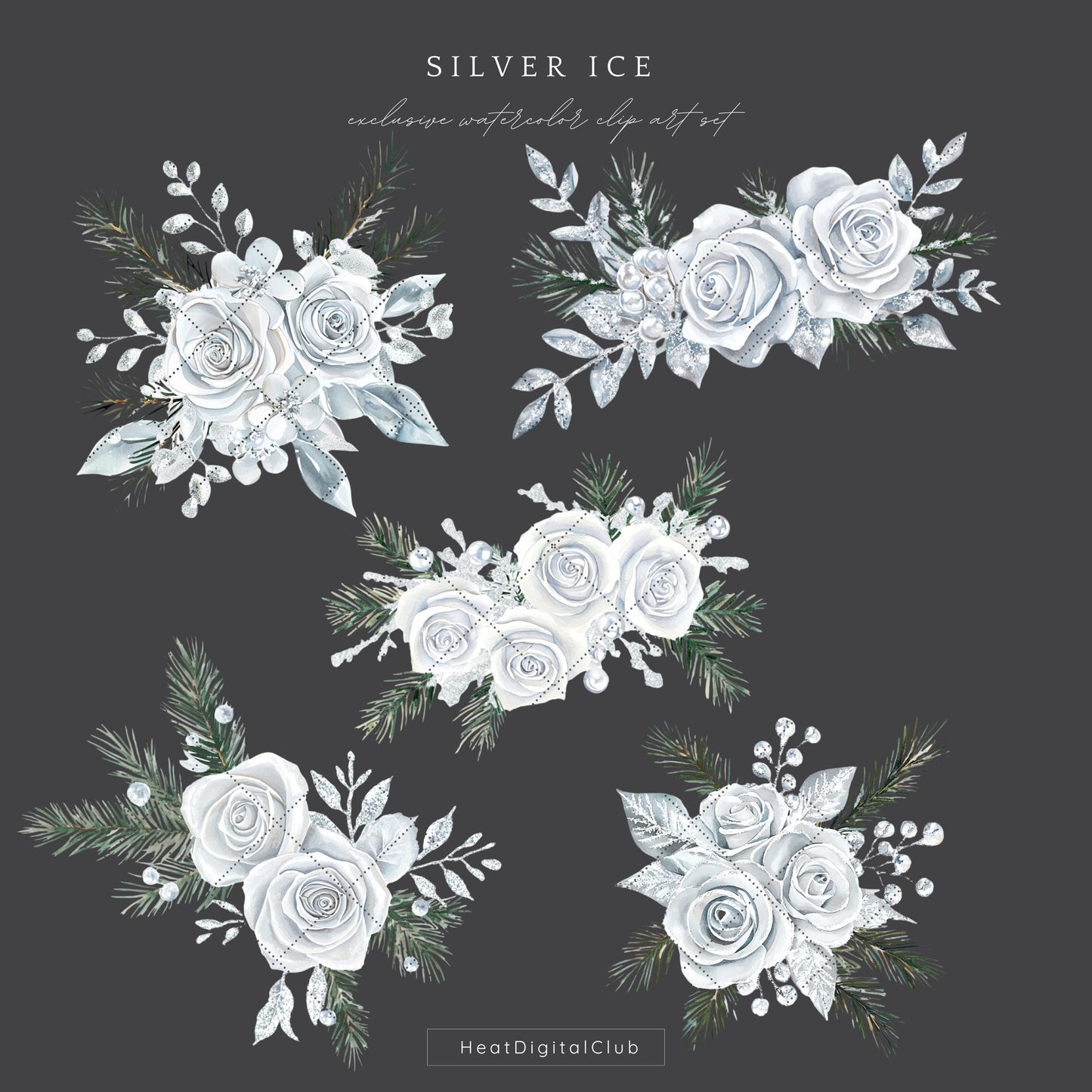 Silver Ice - Floral Arrangement, Cozy Winter Roses Clipart, Christmas | 12 PNG