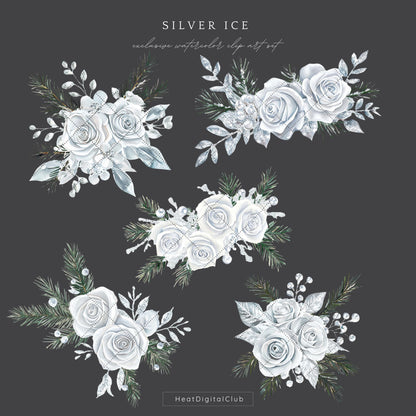 Silver Ice - Floral Arrangement, Cozy Winter Roses Clipart, Christmas | 12 PNG