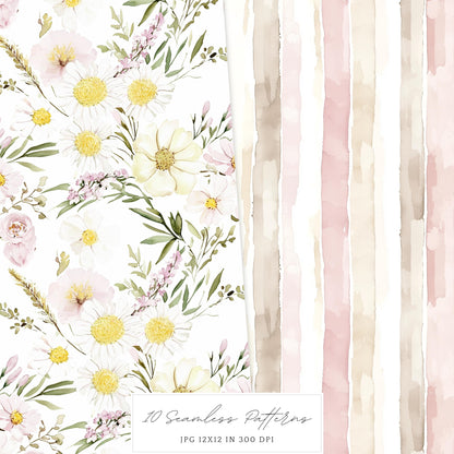 Rustic Easter - Seamless Patterns, Floral, Spring, Bunny | 10 JPEG