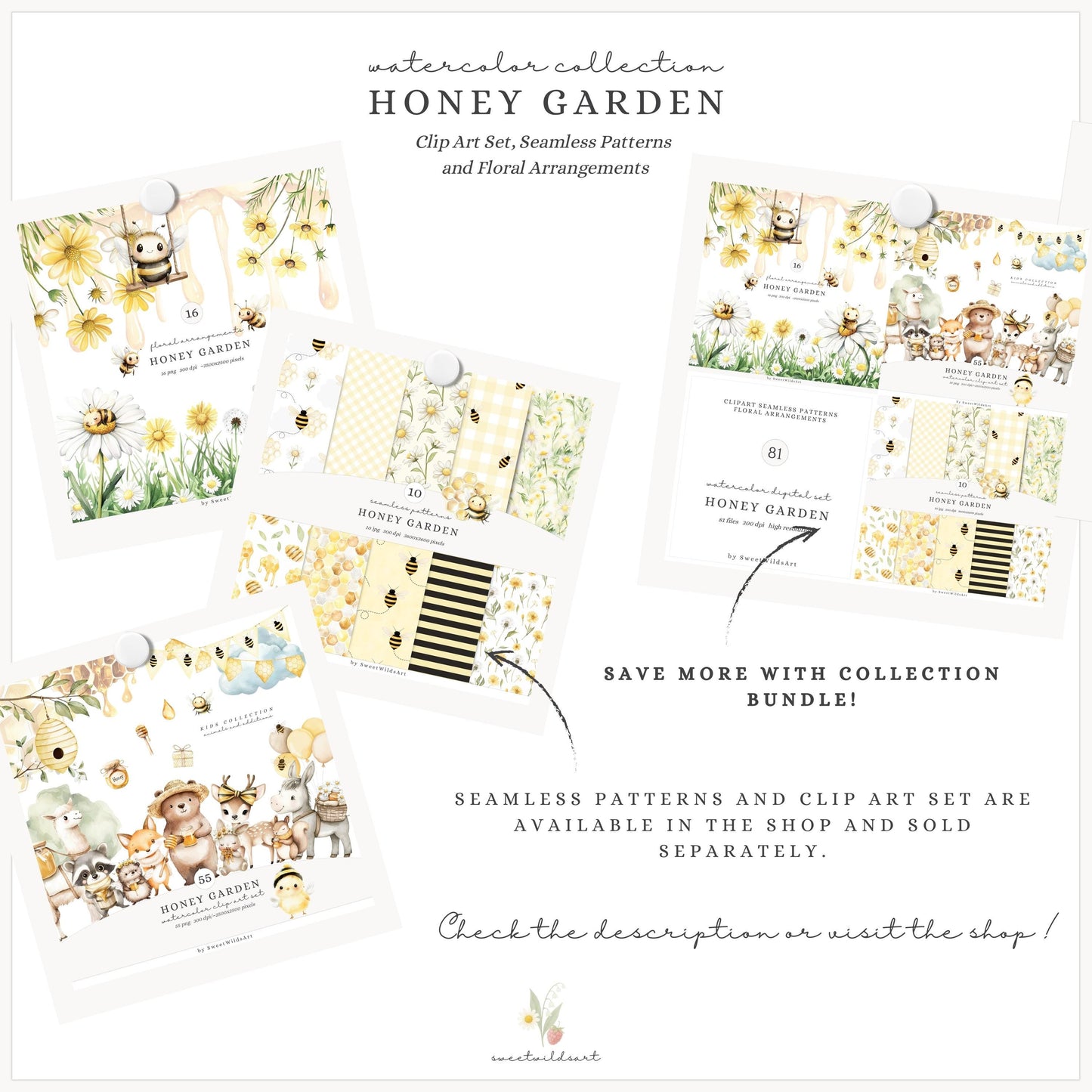 Honey Garden - Floral Arrangements, Daisies, Dandelions, Bees and Honey | 16 PNG
