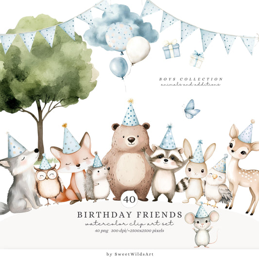 Birthday Friends - Cute Woodland, Baby Animal Clipart, Party, Boy Birthday | 40 PNG