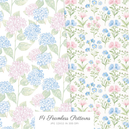 Grandmillennial - Seamless Patterns, Pastel Floral, Stripes, Plaid, Glitter | 14 JPEG