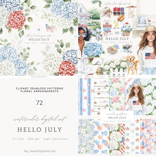 Hello July - Collection Bundl, Independence Day Clip Art, 4th of July | 72 PNG/JPEG