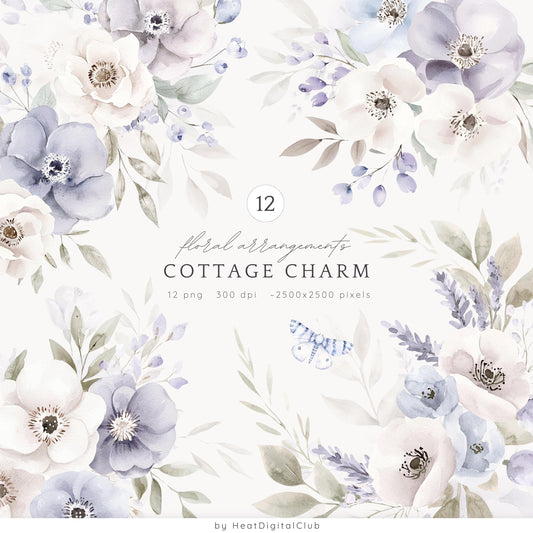 Cottage Charm - Floral Arrangements, Soft Flower Clipart | 12 PNG