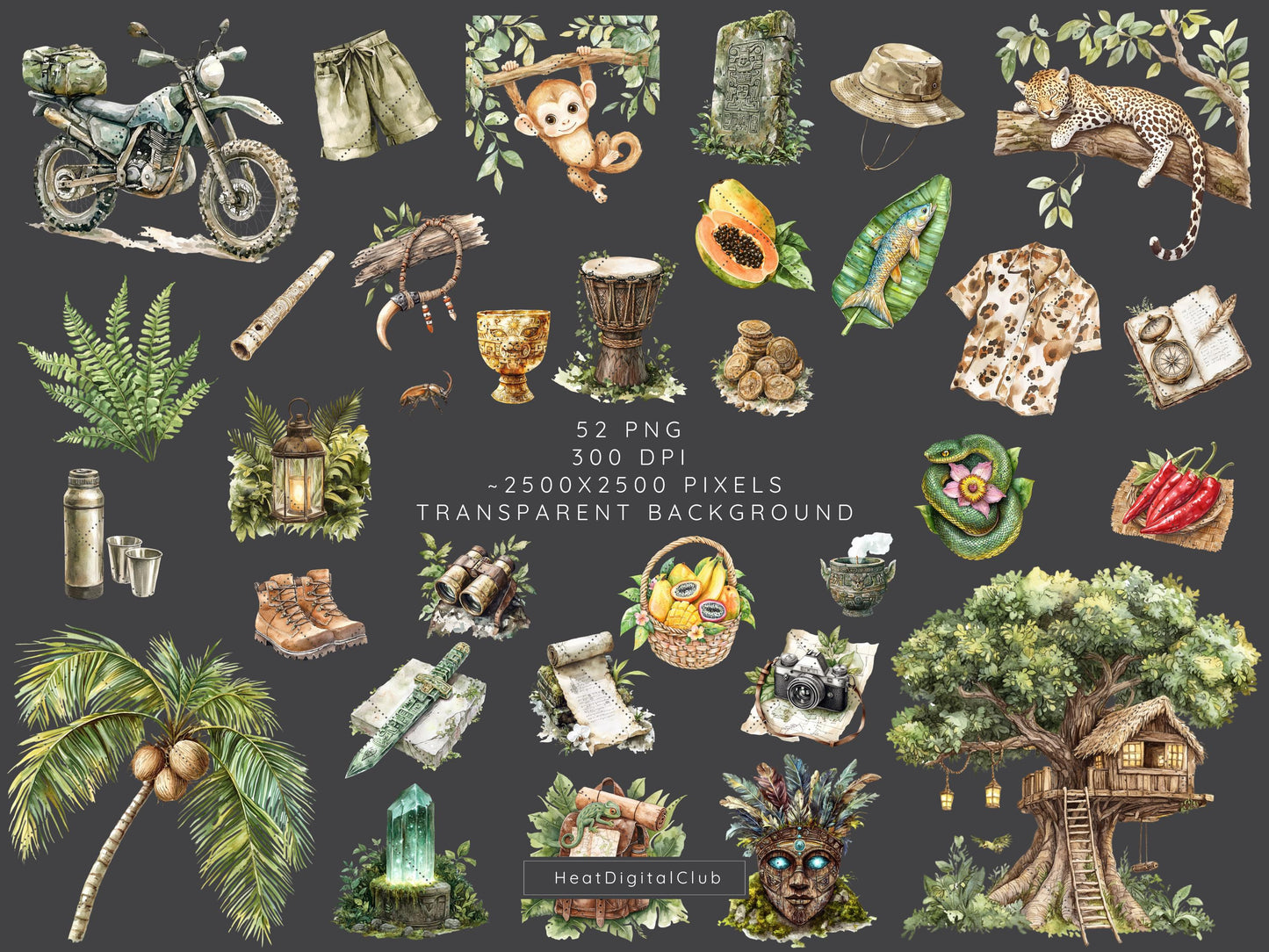 Jungle Mystery - Travel Clipart, Tropical, Summer Safari | 52 PNG