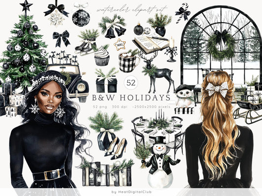 Black and White Holidays - Cozy Winter Clipart, Christmas, Cottagecore | 52 PNG