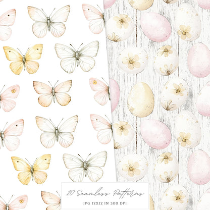 Rustic Easter - Seamless Patterns, Floral, Spring, Bunny | 10 JPEG