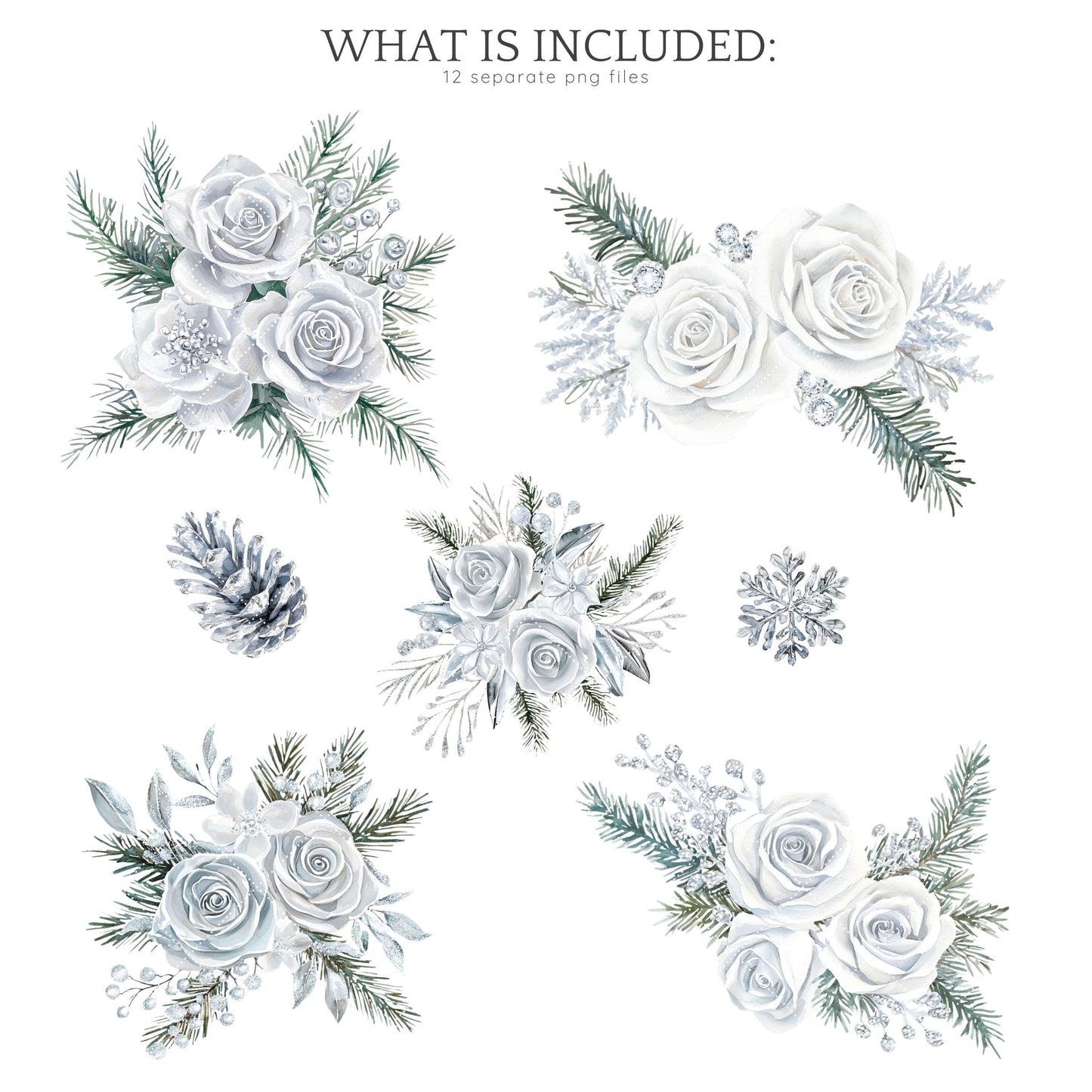 Silver Ice - Floral Arrangement, Cozy Winter Roses Clipart, Christmas | 12 PNG
