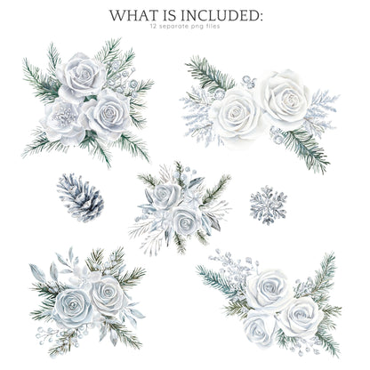 Silver Ice - Floral Arrangement, Cozy Winter Roses Clipart, Christmas | 12 PNG