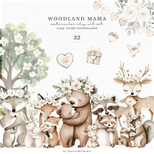 Woodland Mama - Baby Animals Clipart, Cute Animal, Mothers Day | 32 PNG