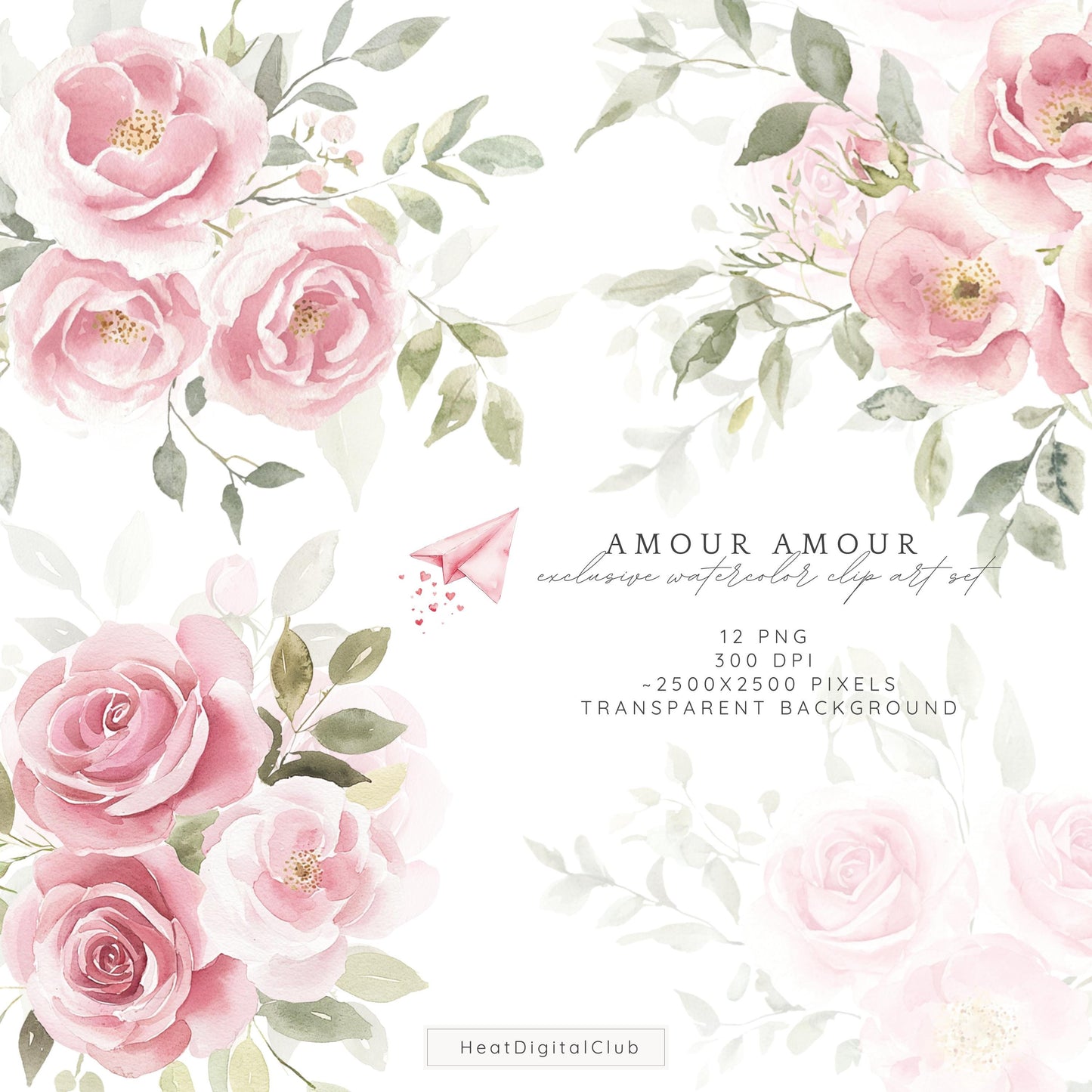 Amour Amour - Valentines Day Floral Arrangements Clipart, Pink Roses | 12 PNG
