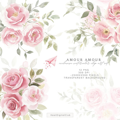 Amour Amour - Valentines Day Floral Arrangements Clipart, Pink Roses | 12 PNG
