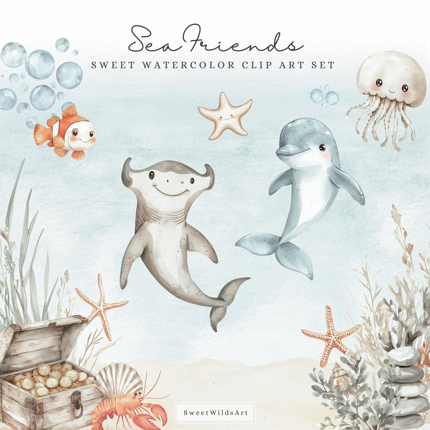 Sea Friends - Cute Sea Animals Clipart, Ocean, Sealife, Underwater, Nursery  | 37 PNG