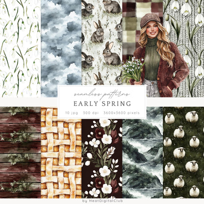 Early Spring - Seamless Patterns, Moody Pattern, Snowdrops | 10 JPEG