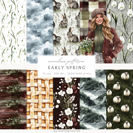 Early Spring - Seamless Patterns, Moody Pattern, Snowdrops | 10 JPEG