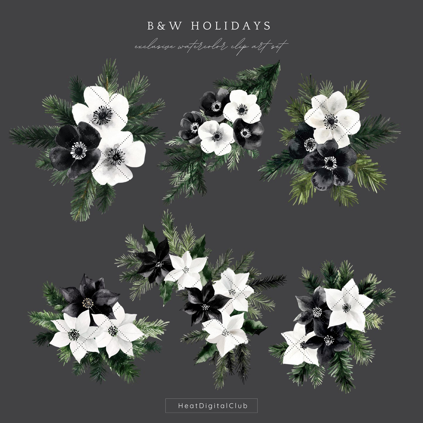 Black and White Holidays - Winter Floral Arrangement Clipart, Cozy Christmas | 12 PNG