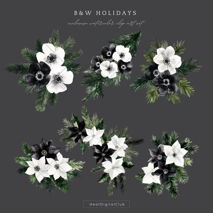Black and White Holidays - Winter Floral Arrangement Clipart, Cozy Christmas | 12 PNG