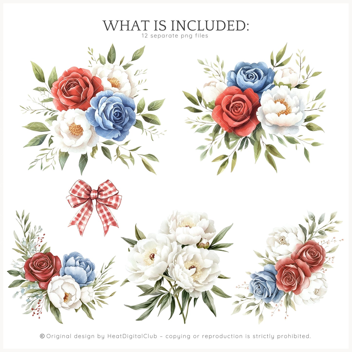 Americana Girl – Watercolor Florals, Red, White & Blue | 12 PNG