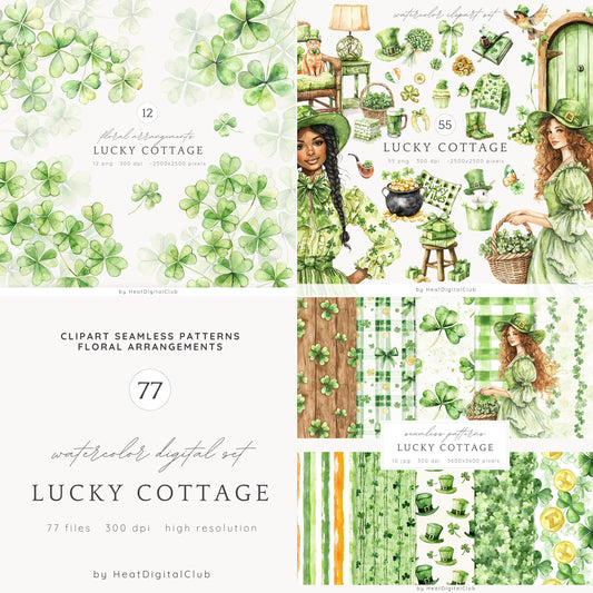 Lucky Cottage - Collection Bundle, Irish Clipart, Green St Patricks Day | 77 PNG/JPEG