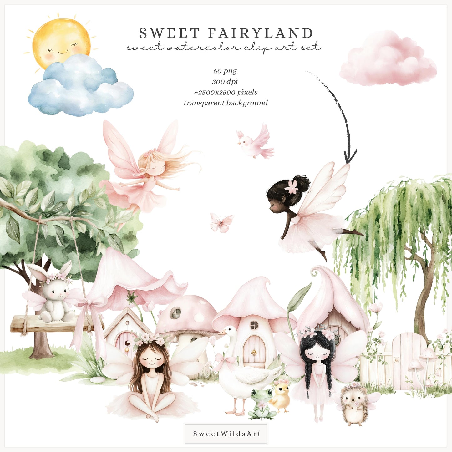 Sweet Fairyland - Cute Pink Clipart, Animals, Baby, Unicorn, Bunny, Deer | 60 PNG