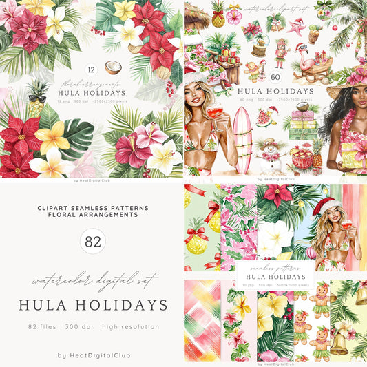 Hula Holidays - Collection Bundle, Hawaiian Winter Clipart, Christmas | 82 PNG/JPEG