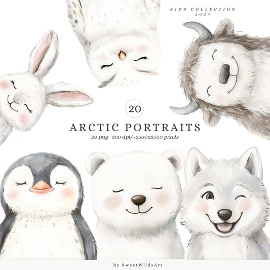 Arctic Portraits - Cute Animals Clipart, Winter Baby Shower, Polar Nursery | 20 PNG