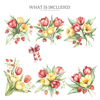 Warm Berry Spring - Floral Arrangements Clipart, Tulips Flowers | 12 PNG