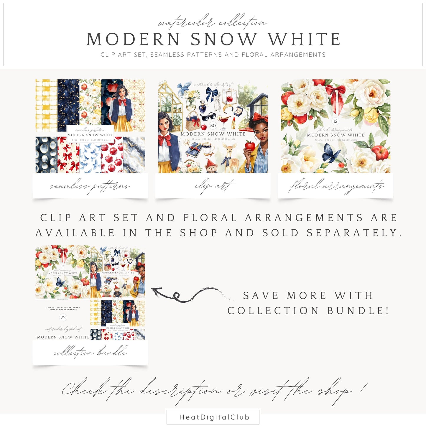 Modern Snow White - Seamless Patterns, Fantasy, Floral, Roses | 10 JPEG