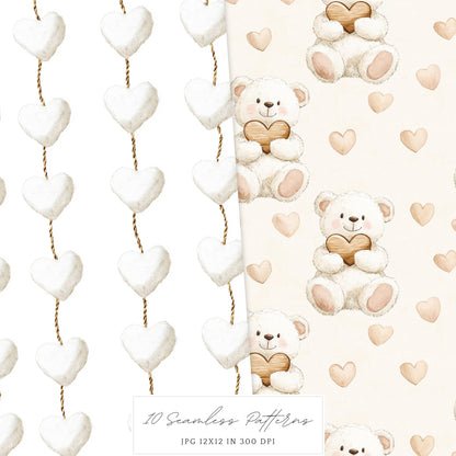 Boho Valentine - Valentines Day Seamless Patterns, Rustic, Romantic | 10 JPEG