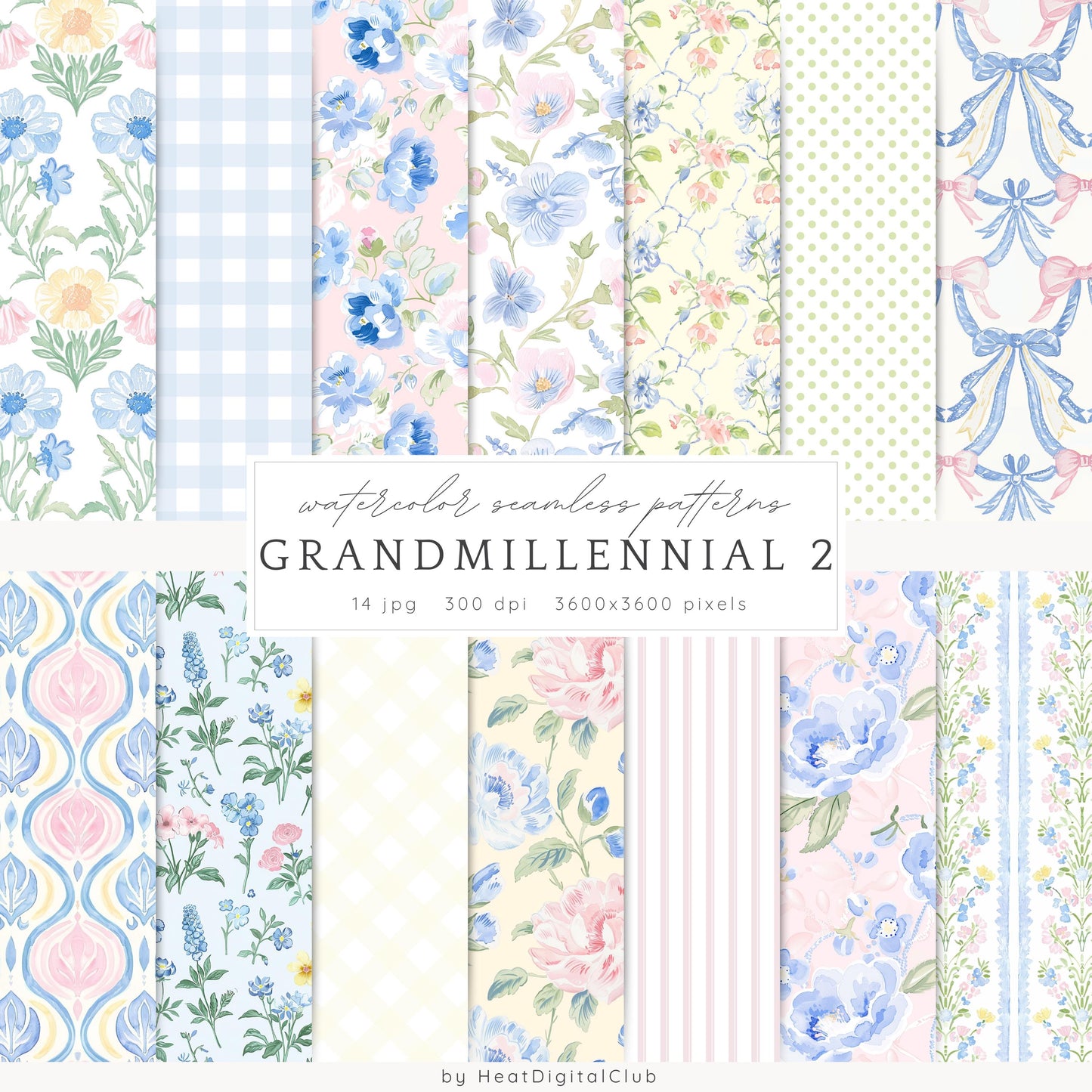 Grandmillennial - Seamless Patterns, Set 2, Pastel Floral, Stripes, Plaid, Glitter | 14 JPEG