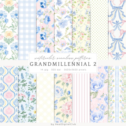 Grandmillennial - Seamless Patterns, Set 2, Pastel Floral, Stripes, Plaid, Glitter | 14 JPEG