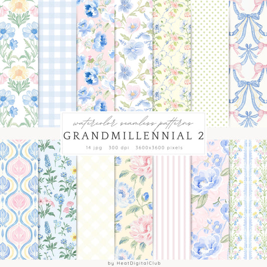 Grandmillennial - Seamless Patterns, Set 2, Pastel Floral, Stripes, Plaid, Glitter | 14 JPEG