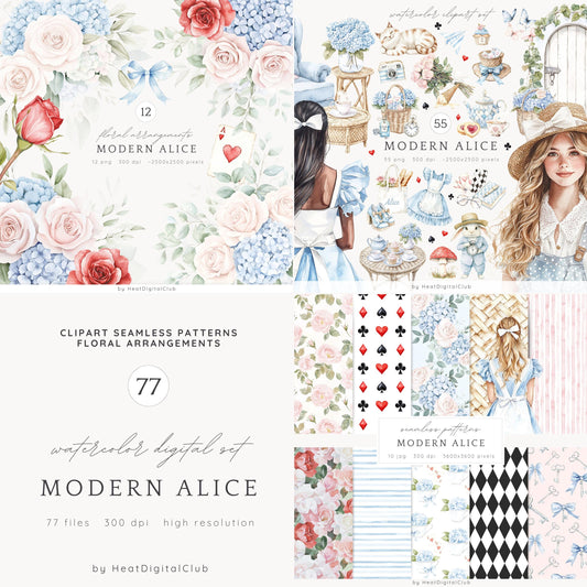 Modern Alice - Collection Bundle, Alice in Wonderland Clipart | 77 PNG/JPEG
