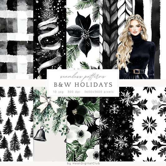 Black and White Holidays - Seamless Patterns, Winter, Snowflakes | 10 JPEG