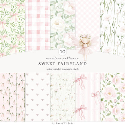 Sweet Fairyland - Seamless Patterns, Pastel Fairy Garden, Pink Floral | 10 JPEG