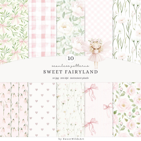 Sweet Fairyland - Seamless Patterns, Pastel Fairy Garden, Pink Floral | 10 JPEG
