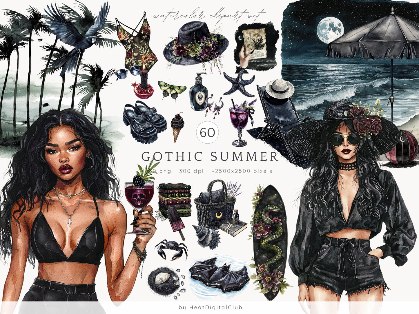 Gothic Summer - Collection Bundle, Goth Beach Time Clipart | 84 PNG/JPEG
