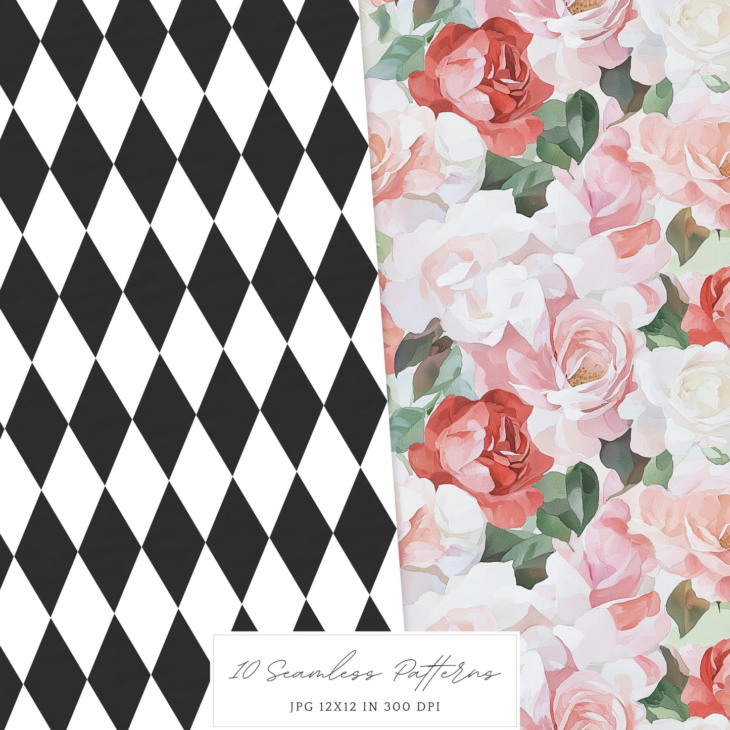 Modern Alice - Seamless Patterns, Fantasy, Floral, Roses | 10 JPEG