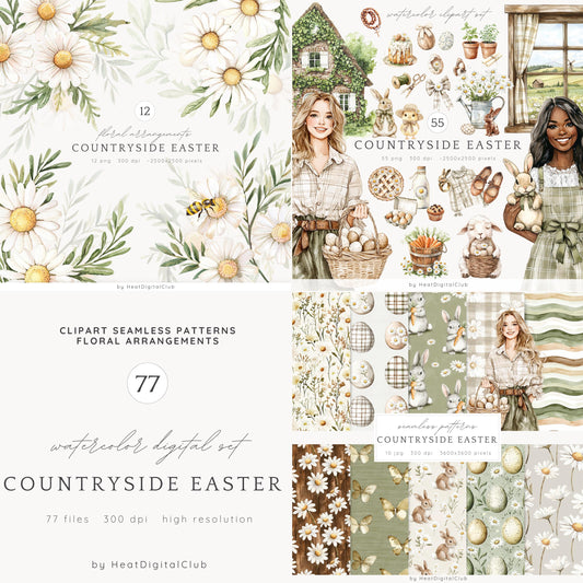 Countryside Easter - Collection Bundle, Eggs Clipart, Cottage | 77 PNG/JPEG