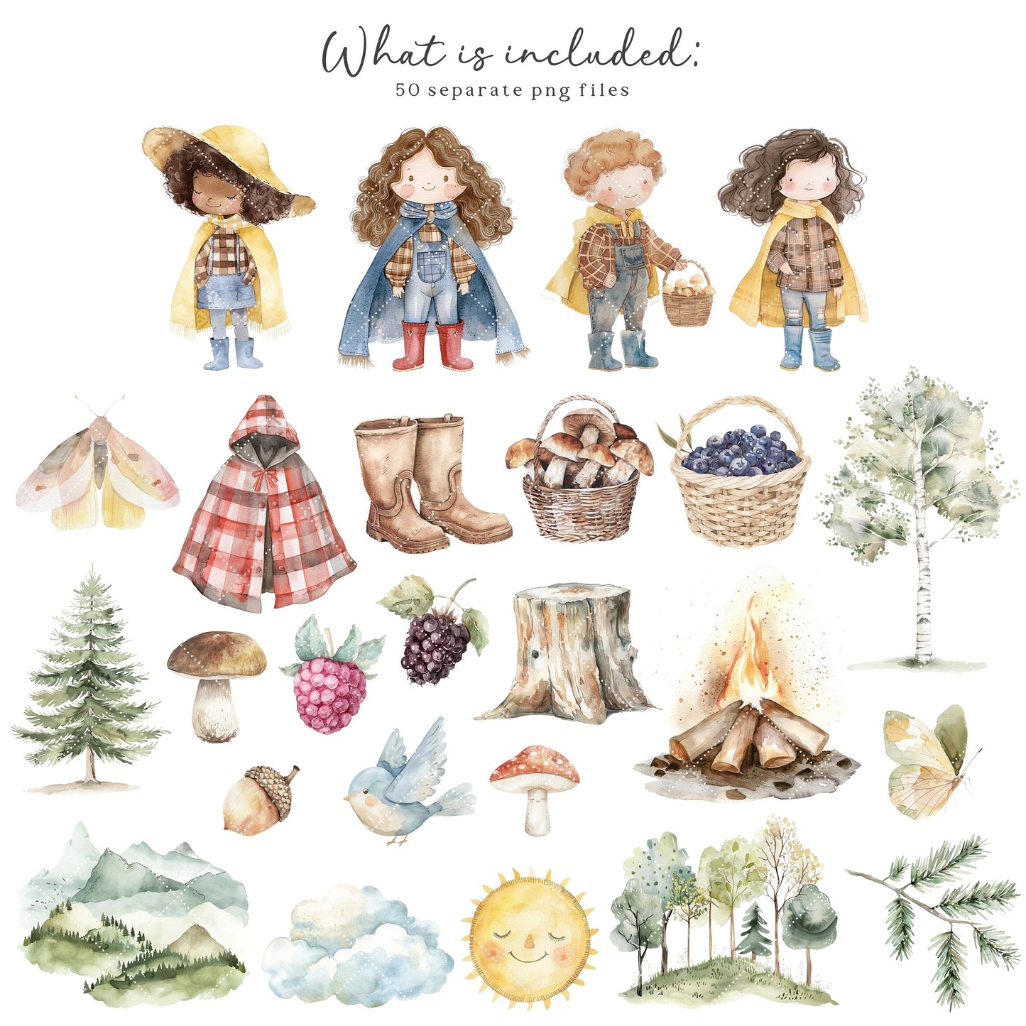 Woodland Adventure - Cute Animals Clipart, Baby Shower, Nursery, Boho Forest | 50 PNG
