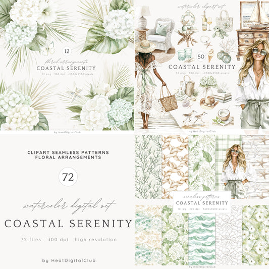Coastal Serenity - Collection Bundle, Beach Clipart, Summer | 72 PNG/JPEG