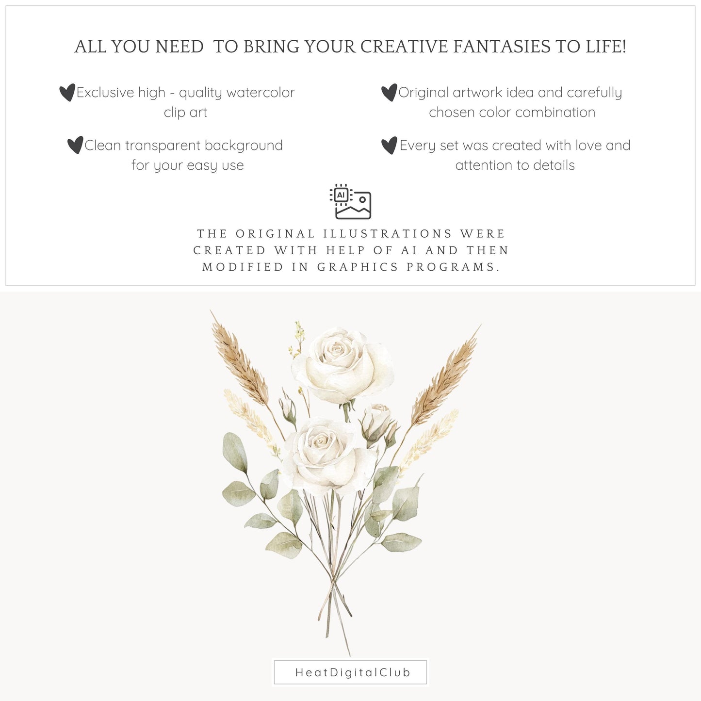 Boho Valentine - Floral Arrangements Clipart, White Roses, Rustic Rose | 12 PNG