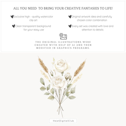 Boho Valentine - Floral Arrangements Clipart, White Roses, Rustic Rose | 12 PNG