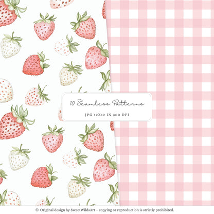 Sweet Strawberry - Seamless Patterns, Berry, Strawberry | 10 JPEG