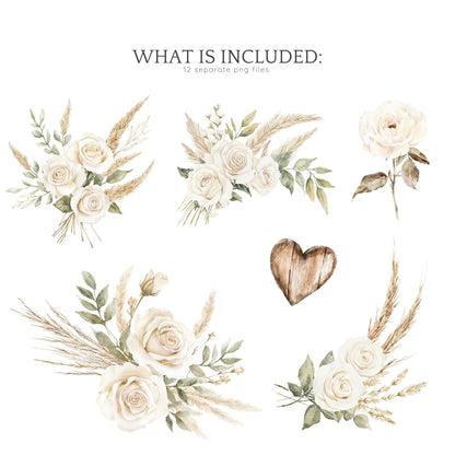 Boho Valentine - Floral Arrangements Clipart, White Roses, Rustic Rose | 12 PNG