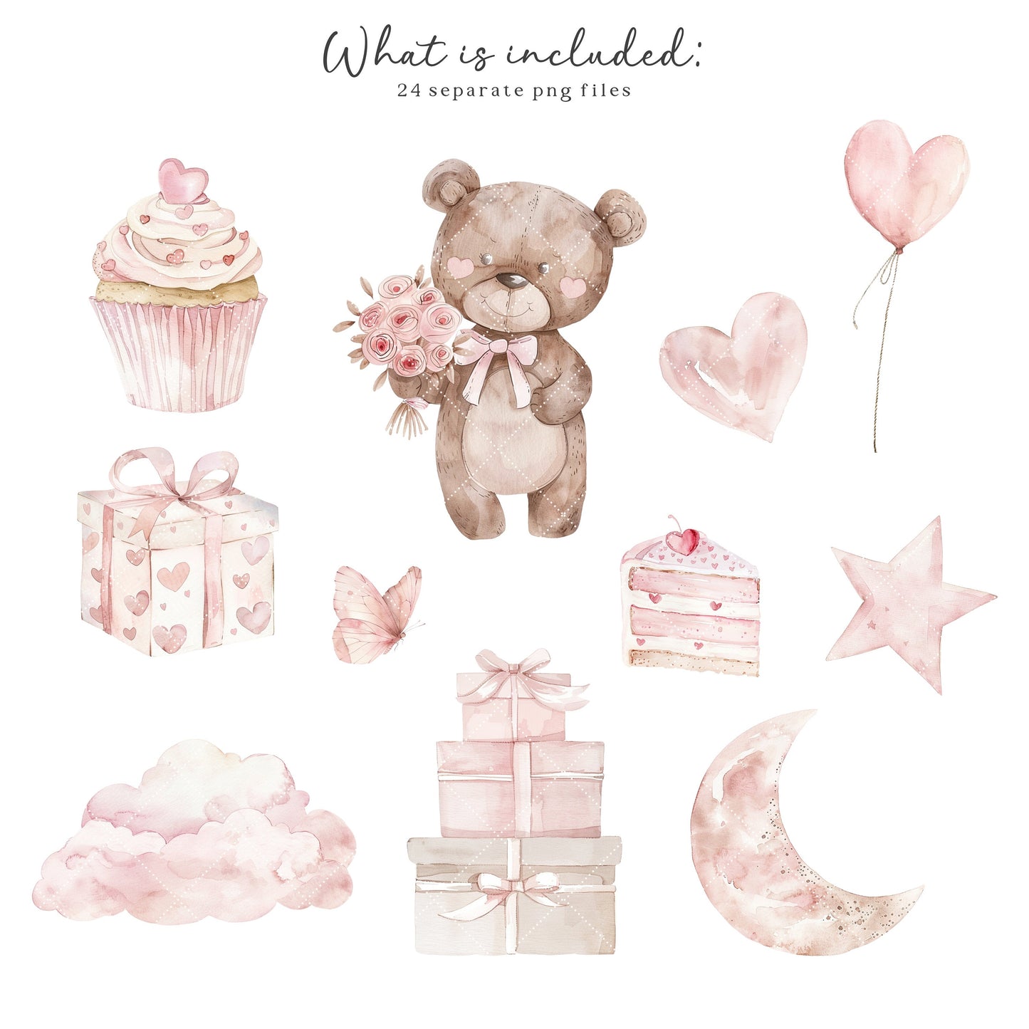 Sweet Teddies - Pink Teddy Bear, Nursery Animal Clipart, Cute Party Invite | 24 PNG