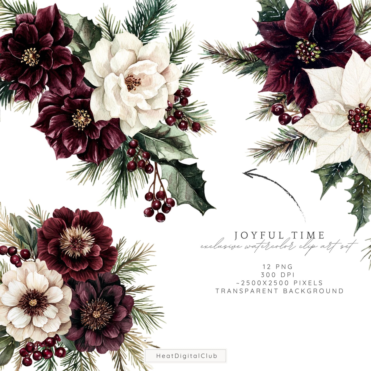 Joyful Time - Winter Floral Arrangement, Cozy Christmas Clipart Bundle | 12 PNG